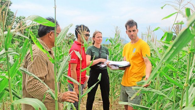 Gemeinsam mit dem Bauern und seinem geschulten Auge evaluieren Noah Rauser und seine Teamkolleg(innen) die Wirksamkeit der Insektizide.